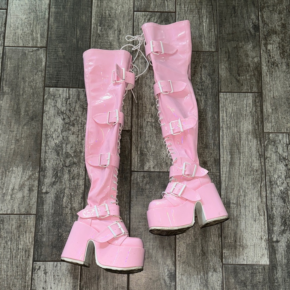 Dolls Kill Patent Pink Over-the-Knee Platform Lace-Up Boots
